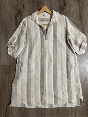 Elan Linen Cotton Mini Dress Light Beige Striped Pockets V-Neck Medium Women’s